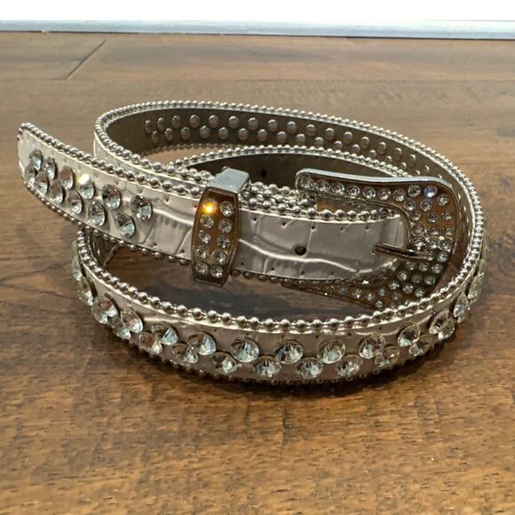 White Leather Rhinestone Embellished Beaded Belt Western White Women - Picture 1 of 6